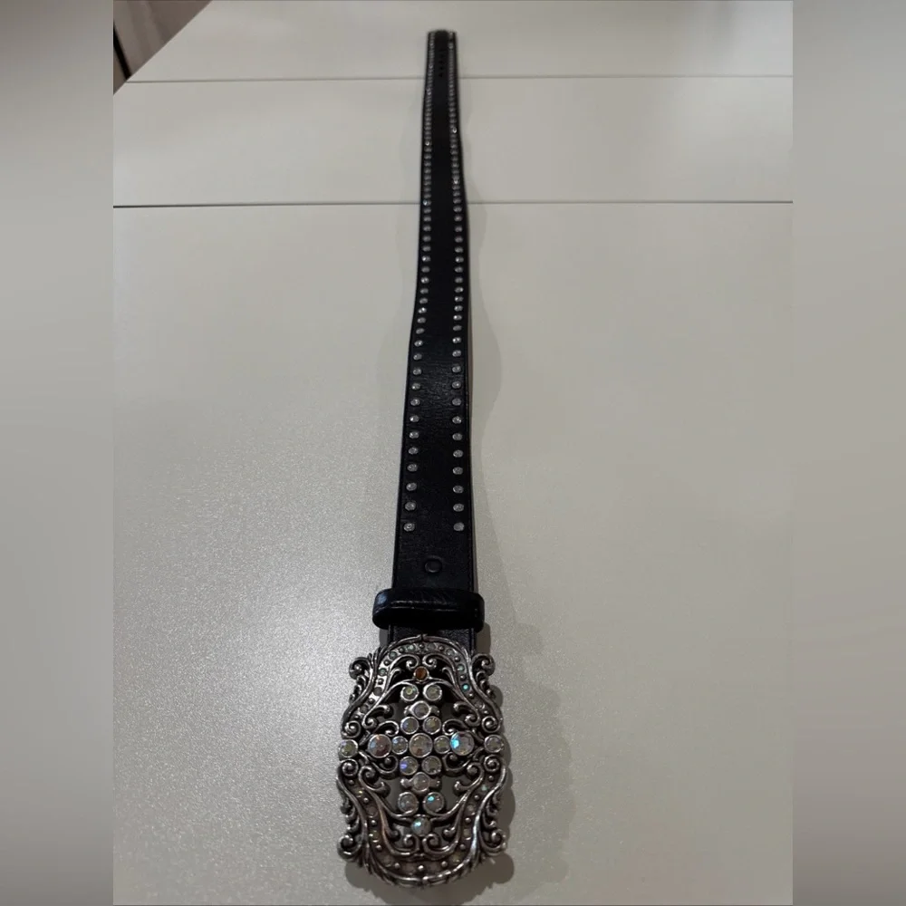 Tony‎ Lama Rhinestone Buckle Top Quality Black Leather Studded Belt in size 32
